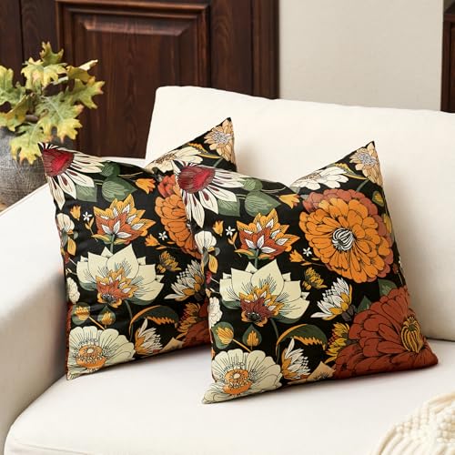 Tyrot Black Boho Floral Velvet Throw Pillow Covers 18x18 Inch Set of 2 Farmhouse Vintage Cushion Covers Mid Century Modern Botanical Home Decor Pillow Cases for Couch Bed Sofa Living Room, Bedroom - color: Warm Ember, size: 18" x 18" (Pack of 2)