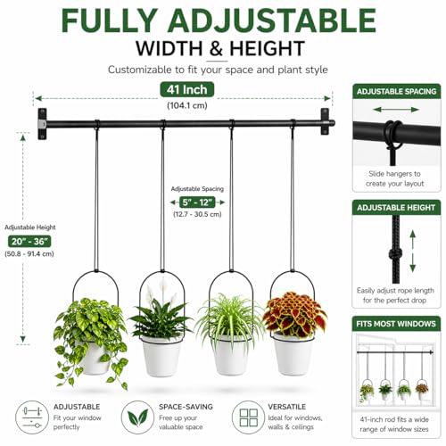 Adjustable Hanging Window Planter with 4 Pots, Space Saving Indoor Herb Garden Plant Hanger, Metal Vertical Plant Rack for Kitchen, Balcony & Home Deco41in-4 Flower pots