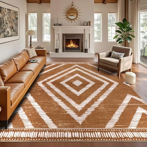 Boho Washable Area Rugs 6x9ft, Moroccan Soft Brown Living Room Nursery Rugs Non Slip, Low Pile Large Bedroom Floor Carpets for Dining Room Bathroom Office Farmhouse - color: Brown, size: 6' x 9' (Rectangular)