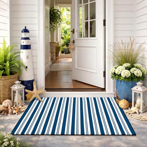 Moucuny Navy Blue and White Striped Outdoor Rug, 2'4'' x 3'7'' Nautical Beach Front Porch Rug Navigation Welcome Layering Doormat for Entryway Entrance Patio Decor - color: Steel Blue and White, size: 2'4'' X 3'7'', style: Vertical Stripe