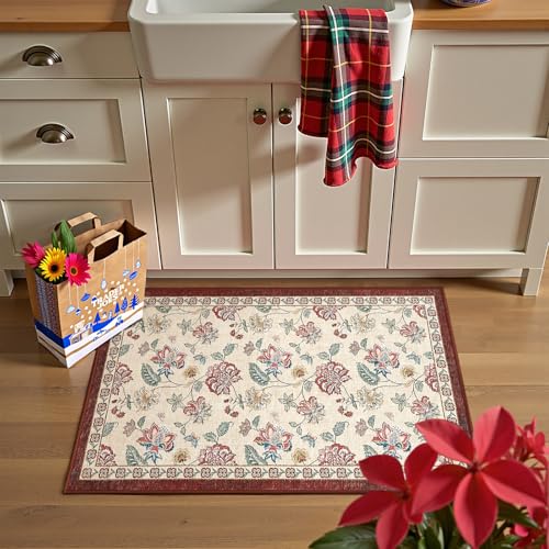 jinchan Elora 2x3 Floral Rug for Entryway Washable Kitchen Rug Vintage Romance Design Small Mat Non Slip Indoor Doormat Lightweight Low-Profile Throw Carpet for Entrance Laundry Room, Red/Beige - color: Bloom Red/Beige, size: 2' x 3' (Light Weight)