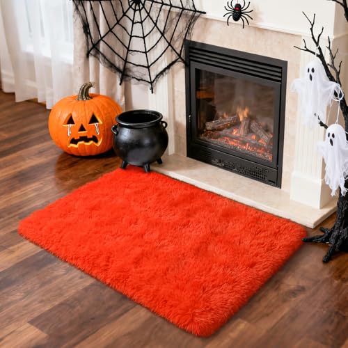 Merelax Fluffy Rug Shaggy Area Rug, Orange Red 2x3 Small Rugs for Fireplace Holiday Dearations, Mini Fuzzy Plush Kids Bedside Rug, Soft Non-Slip Entryway Throw Rugs Shag Catpet for Living Room - color: Orange Red, size: 2' x 3' (Rectangular)