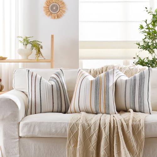 Boho Pillow Covers 18x18 Inch Orange Blue White Striped Farmhouse Decorative Accen Throw Pillow Covers Boho Cushion Case for Bed Sofa Couch Home Decor Set of 2 - color: Orange Blue White
