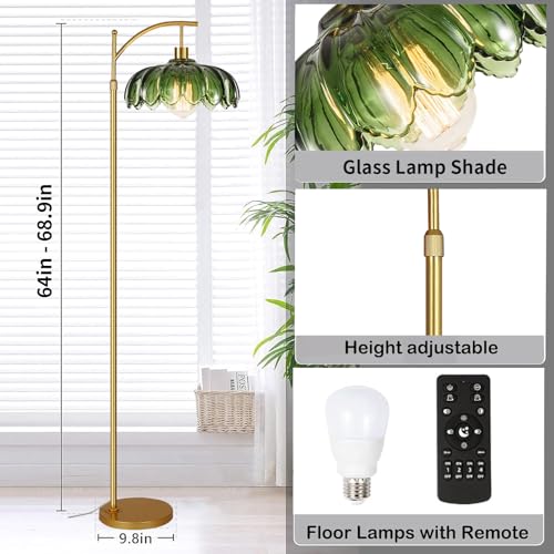 QIYIZM Glass Floor Lamp for Living Room,Bedroom,Gold Dimmable Standing Lamp with Remote,Mid Century Modern Brass Tall Lamp Boho Vintage Retro Floor Lamps Arc Green Flower Floor Light Lamp Bohemian - size: 02-Floor Lamp