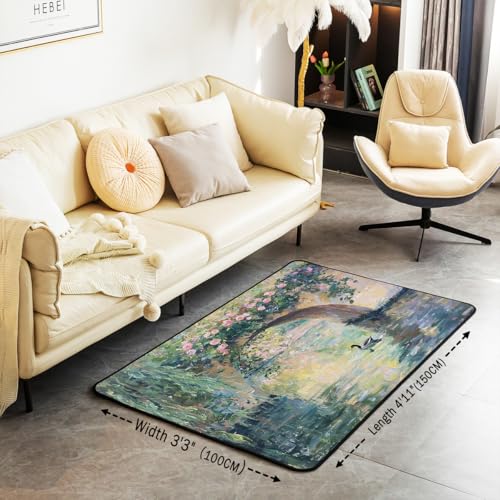 Erosebridal Vintage Area Rug 4'11" x 3'3" Floral Landscape Living Room Rugs Country Nature Decorative Carpet Impressionism Aesthetic Indoor Floor Mat - color: Beige Green Pink, size: 3'3" x 4'11" (Rectangular)