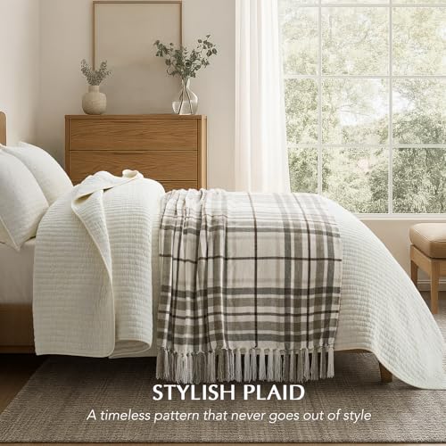 EverGrace Plaid Chenille Throw Blanket for Couch, Super Soft Cozy Decorative Farmhouse Plaid Throw with Tassels, Lightweight Chenille Knit Throw for Bed Sofa Gift Home Decor, Beige 50”x60” - color: Plaid Beige & White, size: 50"x60"