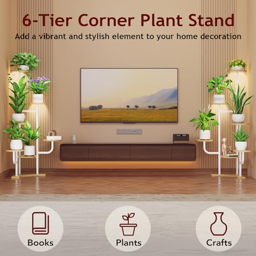 Homsorout Corner Plant Stand with Grow Light - 6 Tier Plant Stand Indoor Round Metal Plant Shelf with Adjustable Light, Plant Organizer for Living Room, Graden, Home Decor (Maple) - color: Maple & Round
