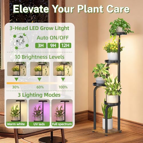 iDavosic.ly Tall Plant Stand Indoor with Grow Light, 4 Tier Corner Multiple Flower Holder Shelf with Metal Trays, Space Saving Display Rack for Living Room Balcony Patio Porch | Black & Brown - color: Black with Light