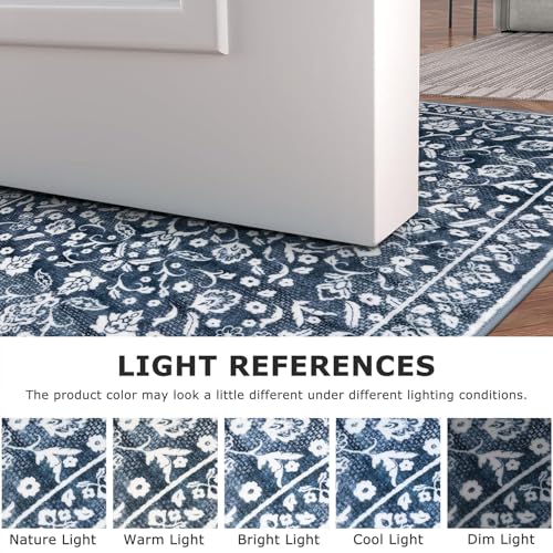 Vintage Entryway Rug Indoor, Navy Washable Rug 2x3, Small Area Rug with Non-Slip Backing, Floral Print Thin Faux Wool Super Soft Door Mat for Kitchen, Entrance, Bedroom, Office - color: Navy and White, size: 2' x 3' (Rectangular)