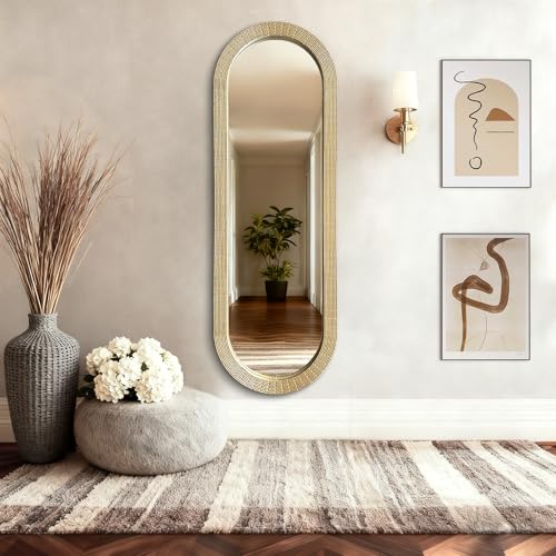WAMIRRO Gold Oblong Wood Mirror, 47X16 Inch Hand Carved Solid Wood Capsule Frame Oval Mirror for Wall Mount, Farmhouse Boho Decor for Living Room, Bathroom, Bedroom, Hallway & Entryway - size: 47"L x 16"W