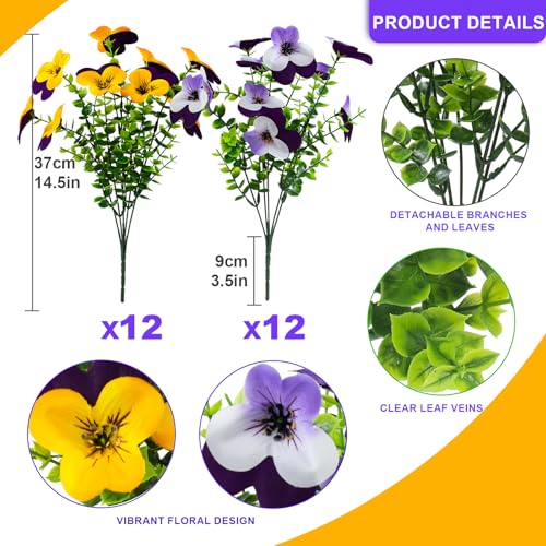 2 Set Artificial Outdoor Pansy Flowers with Hanging Baskets, 2 Hanging Baskets with 24 Pcs Silk Flowers for Spring Easter Decorations Porch Patio Home Decor (2, Purple, Yellow, White, Light Purple) - color: Purple, Yellow, White, Light Purple