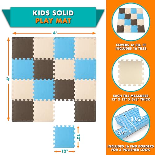 ProSource Baby Play Mat, Soft Foam Floor Tiles for Kids, Interlocking EVA Panels for Playpen Use, Crawling Development Surface, Safe Non-Toxic Toddler Flooring, 16 Tiles, Blue/Brown/Beige - color: Blue/Brown/Beige, size: 16 Tiles