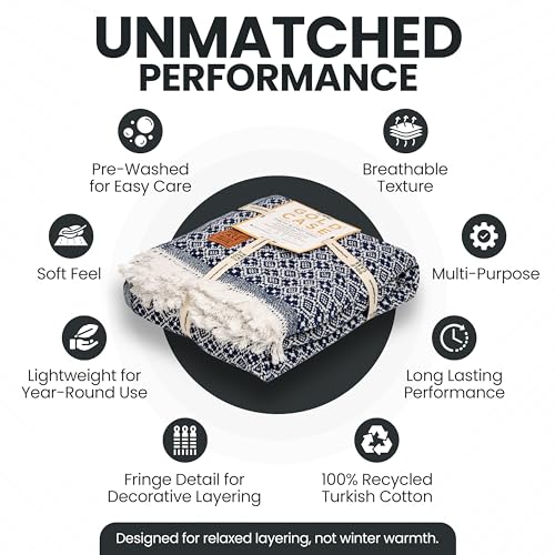 Gold Case Throw Blanket for Couch - 100% Recycled Turkish Cotton Blankets & Throws - Retro Soft Throw Blankets for Living Room - Boho Decorative Woven Couch Blanket - 50x60 - Navy Blue - color: Retro Navy Blue, size: 50x60"