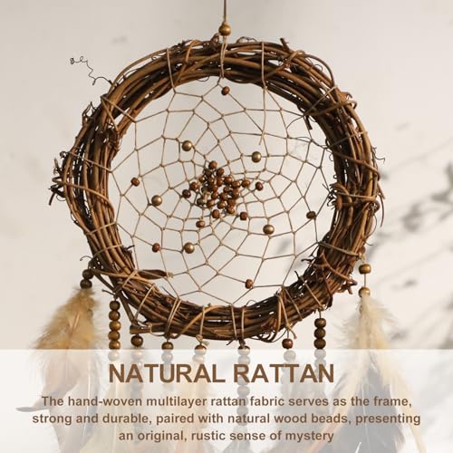 Dream Catcher Native American Boho Dreamcatcher Rattan Wall Decor, Handmade Natural Goose Feathers Brown Golden Beaded Hanging Ornament Indian Decor for Bedroom Living Room (Dark Brown) - color: Dark Brown