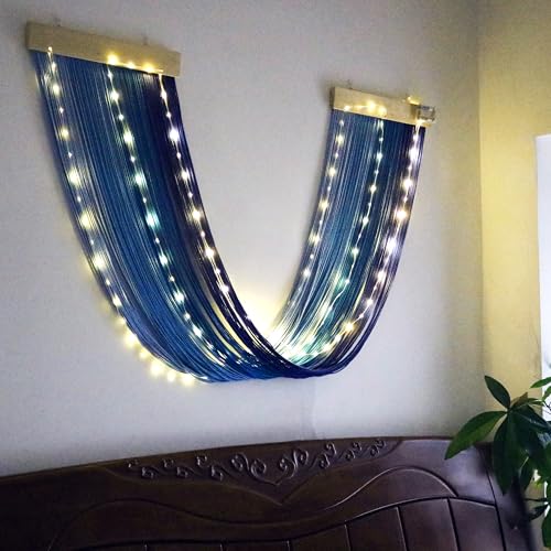 Macrame Fairy Lights Battery Operated with Remote,Large Macrame Wall Hanging with 20ft 100 LED String Lights, Blue Gradient Warm White Light for Living Room,Bedroom,Christmas,Holiday Deco - color: Blue-Warm White