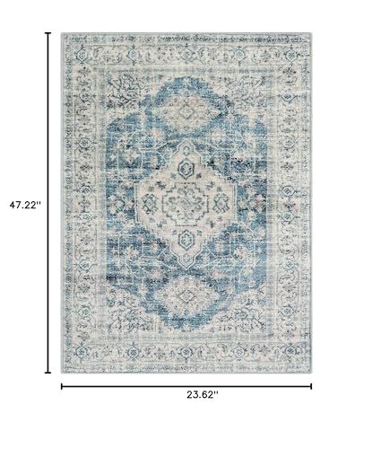Lahome Oriental Small Area Rug, 2x4 Washable Entryway Rug Non-Slip Ultra-Thin Indoor Door Mat Distressed Throw Carpet for Kitchen Bedroom Eleanor, Blue - color: Blue, size: 2' x 4' (Rectangular)
