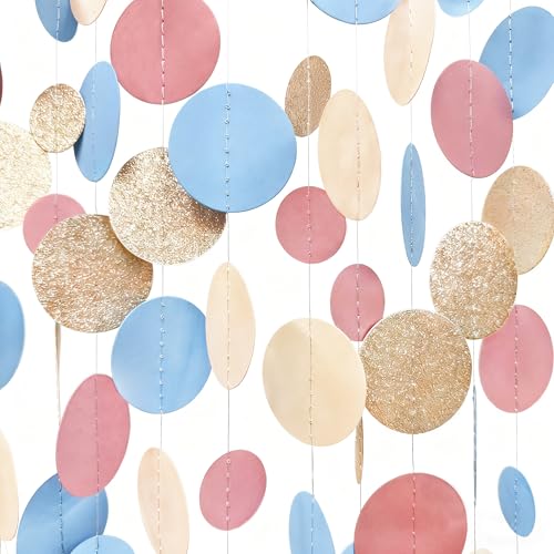 Champagne Gold Dusty Pink Blue Cream Beige Circle Dot Hanging Streamer Polka Dot Garland Banner for Baby Shower Birthday Wedding Bridal Shower Engagement Boho Gender Reveal Party Decorations Supplies - color: Dusty Pink Blue Champagne