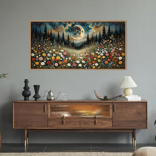 HPINUB Wildflower Moon Pine Tree Framed Canvas Wall Art Set,Nature Forest Wall Decor,Mystical Starry Night Artwork Rustic Mountain Landscape Art Print for Living Room,Bedroom,Office-20 x40 - color: Wildflower Moon Wall Art, size: 40"L x 20"W