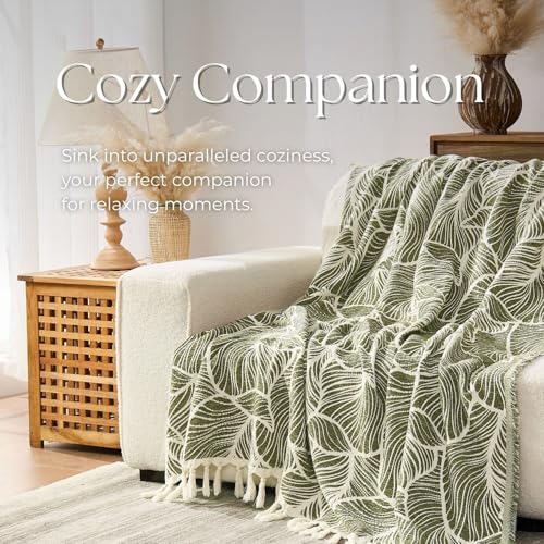 DOWN HOME Chenille Cotton Throw Blanket for Couch, Lightweight Boho Blanket for Bed Sofa Chair Living Room Outdoor Soft Woven Decorative Blanket with Tassel Gift Olive Leaves 55"x60" - color: Olive, size: 55"x60"