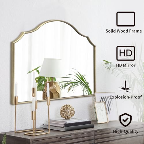 Besdomus Gold Scalloped Mirror for Vanity: 32"x24" Modern Minimalist Wooden Bathroom Mirror - Decorative Dresser Wall for Mantel/Bedroom/Entryway/Hallway - Ideal for 20-55 Age Fashion Women - color: Gold Leaf, size: 24"L x 32"W