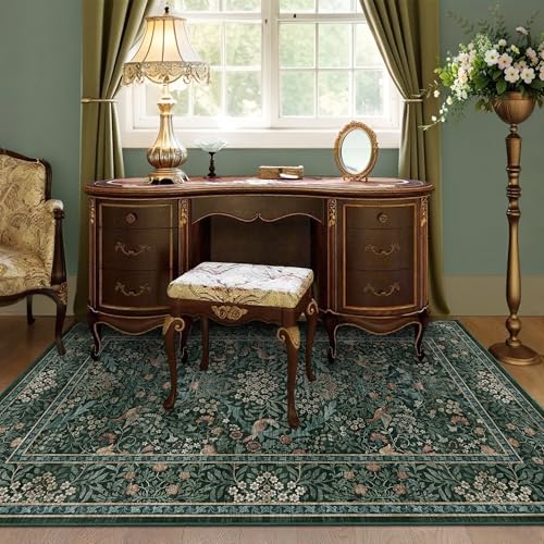 3x5 Floral Washable Area Rug for Living Room, Vintage Boho Rugs for Bedroom Dining Room, Botanical Birds Non Slip Low Pile Forest Throw Carpet for Farmhouse Office, Retro Green/Blue - color: Dark Green (Larger Pattern), size: 3' x 5' (Rectangular)