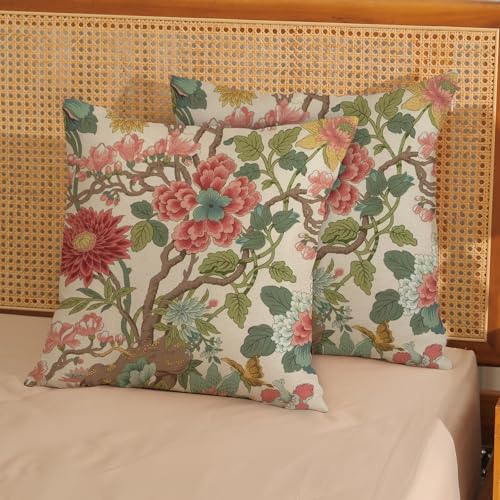 Chinoiserie Throw Pillow Covers 16x16 Inch 2 Pcs Pink Sage Green Floral Decor Pillow Covers Vintage Flower Spring Summer Outdoor Boho Decorative Pillowcase Linen Cushion Cover for Couch - color: Chinoiserie Pink Green Floral, size: 16" x 16" (Pack of 2)