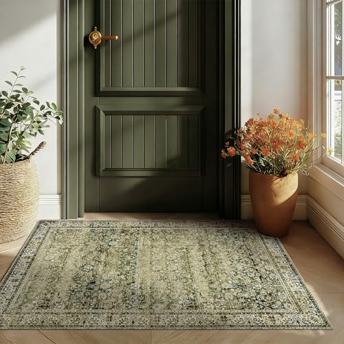 BILEEHOME Throw Rugs 2x3,Non Slip Washable Vintage Floral Boho Accent Soft Thin Small Area Rug for Sink Area Bathroom Bedroom 24 x 36,Olive Green and Beige - color: Olive&tan, size: 2' x 3' (Rectangular)