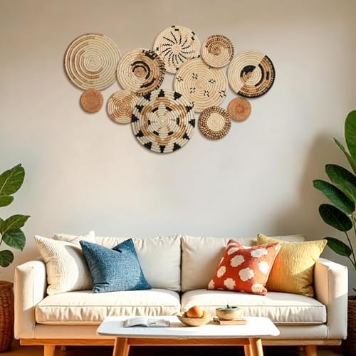 Tatuo 11 Pcs Boho Wall Basket Decor Bulrush Woven Wall Hanging Art Round Farmhouse Rustic Handmade Wicker for Summer Home, Bedroom, Living Room, Kitchen Decorations, Multi Sizes(Artistic) - style: Artistic