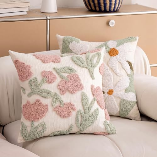 Embroidered Floral Throw Pillow Covers 18x18 Inch Set of 2, Chenille Summer Pillowcase with 3D Tufted Pink Flowers Green Leaves, Boho Decorative Cushion Covers for Couch Sofa Bed - color: Pink Cyan, size: 18" x 18" (Pack of 2)