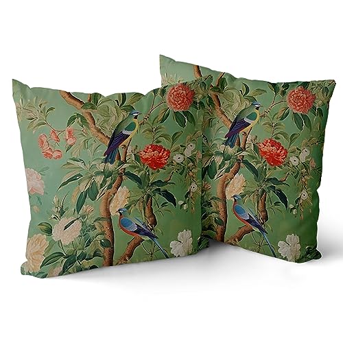 Green Chinoiserie Pillow Cover 16x16 Inch Vintage Bird Flower Throw Pillow Covers Farmhouse Floral Decorative Pillowcase Outdoor Cotton Square Cushion Cover for Couch Sofa Bedroom Decor (Pack of 2) - color: Field Green, size: 16" x 16" (Pack of 2)
