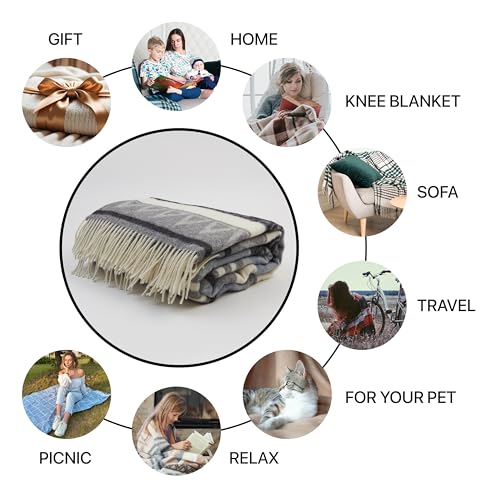 | Wool Blanket/Throw | 100% New Zealand Wool | Perfect for Home and Outdoors | Virgin Wool Throw with Fringes 67"x79" (170 x 200 cm) - color: Blue Geometry, size: Queen