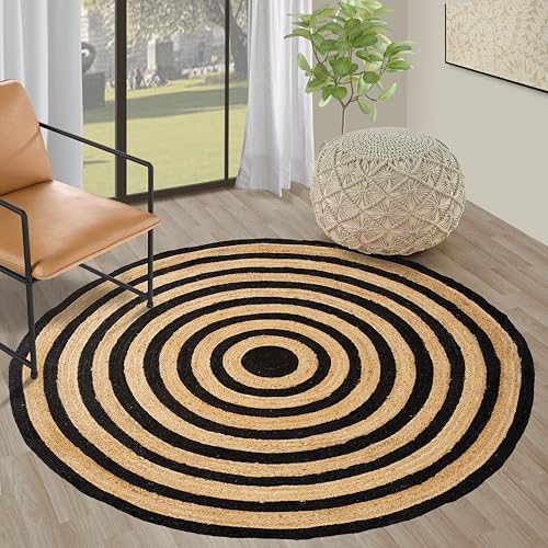 GRUHUM Round Jute Black Area Rugs 10ft Natural Fiber Rug with Rings Handwoven Boho Reversible Farmhouse Braided Rustic Vintage Rug Indoor Kitchen Bedroom Living Room Hallways Enterways 10 feet Circle - color: Natural / Black, size: 10' (Round)