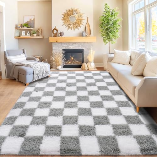 Area Rugs for Living Room Bedroom 9x12, Ultra Fluffy Shag Checkered Rug Modern Washable Carpet Soft Shaggy Non Slip Indoor Plush Fuzzy Rugs for Bedroom Dorm Office Home Aesthetic Decor, White & Grey - color: White & Grey, size: 9' x 12' (Rectangular)