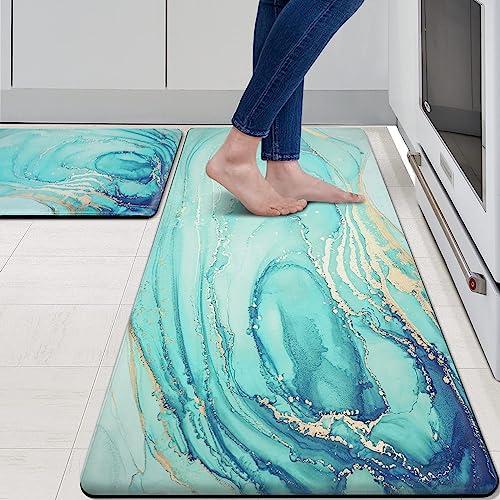 MAYHMYO Kitchen Rugs and Mats Set of 2 Teal Marble Gold Anti Fatigue Mat PVC Non Slip Turquoise Foam Cushioned Kitchen Mats for Floor,17.3 x 29 x 0.4 inch + 17.3 x 59 x 0.4 inch - color: Teal, size: 29"L X 17.3"W X 0.4"Th + 59"L X 17.3"W X 0.4"Th