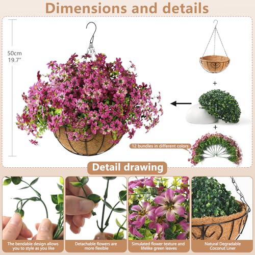 ZFProcess Artificial Flowers Hanging Baskets, Multicolor 12 Bundles Faux Flower Outdoor Hanging Basket Spring Summer Decoration, Fake Flowers Plants for Porch Patio Balcony Home Yard Decor (Rose red) - color: Light Purple