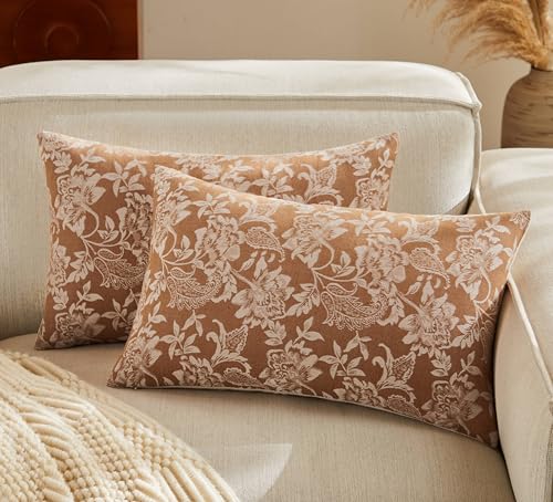Floral Jacquard Lumbar Throw Pillow Covers Set of 2, Background/Caramal 12x20 Inch, Farmhouse Decorative Cotton Caramal Cushion Covers for Sofa Bed Living Room Home Decor - color: Background/Caramel, size: 20" x 12" (Pack of 2)