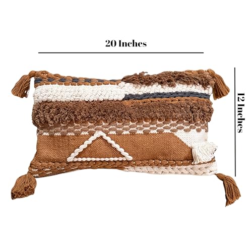 Decorative Throw Pillow Cover 12x20 Knitted Lumbar Pillow Tufted Accent with Tassels for Couch Bed Sofa Cotton Wool Woven Boho Handwoven Pillow (Neutral/Earth Tone) - color: Camel