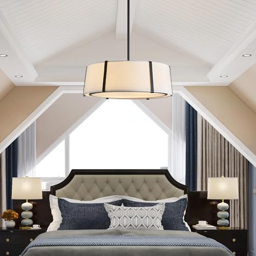 Shrine Lighting Drum Pendant Light, Modern Style, Drum Chandeliers for Dining Room, D18'' x H6'', Adjustable Chains 39'', E12*4 Sockets, White Lampshade & Black Finish - color: Black D18''
