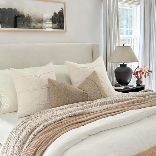 YCOLL Textured Boucle Throw Pillow Covers 20x20 Pack of 2 - Soft Neutral Striped Cushion Covers, Cozy Accent Decorative Pillow Covers for Couch, Sofa, Bed, Living Room (Beige) - color: Beige, size: 20" x 20" (Pack of 2)