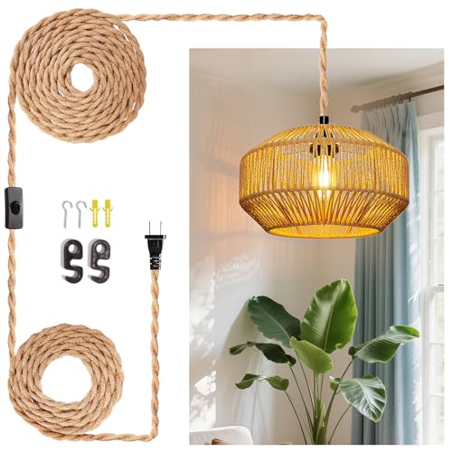 Hanging Light Ceiling Lamp Pendant Lights Rattan Hanging Lamp with Plug in Cord for Living Room Bedroom Kitchen Indoor Hanging Lamp Plug in Woven Lampshade - size: 11.8 Inch - Pumpkin Shade
