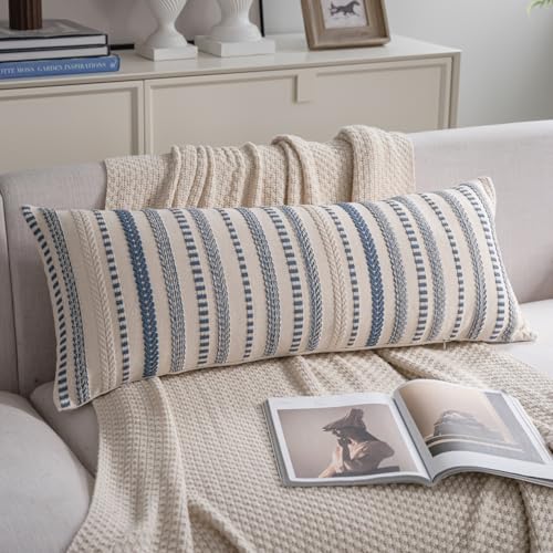 Cethom Blue Boho Lumbar Pillow Covers 14x36 Long, Stripe Textured Decorative Couch Pillow Cases for Bed, Sofa, Living Room, Bedroom, Farmhouse Home Accent Cushion Covers, Pack of 1 - color: Blue, size: 36" x 14" (Pack of 1)