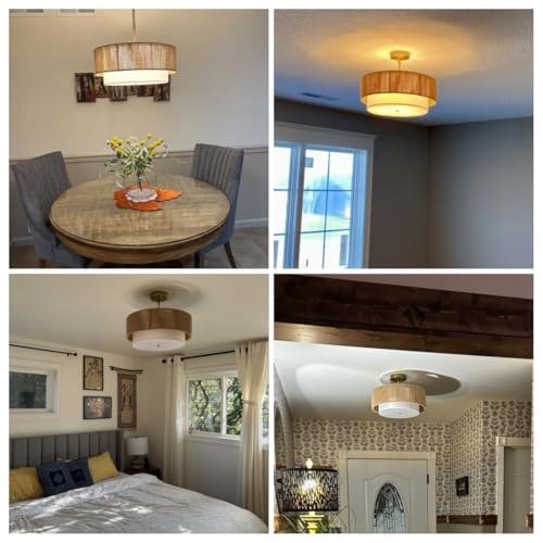 SineRise 16'' Rattan Flush Mount Ceiling Light Fixture,2-Tier Drum Hand-Woven Boho Flush Mount Ceiling Light,Farmhouse Light Fixture for Living Room,Kitchen,Bedroom Foyer Entryway ect. - color: Gold, size: Large Ceiling