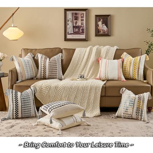 AmHoo Chenille Striped Textured Boho Throw Pillow Covers Aesthetic with Tassels Woven Decorative Pillow Case for Couch Bed Sofa Bedroom Modern Funky 18 x 18-Inch White Orange - color: White Orange, size: 18" x 18" (Pack of 1)