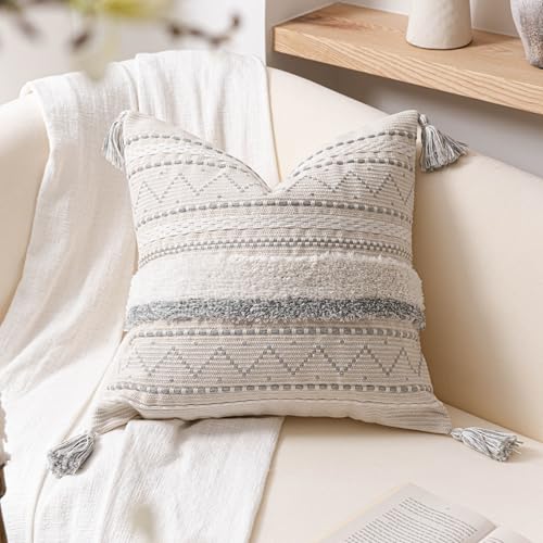 BlissBlush 18X18 Throw Pillow Cover, Cream Neutral Square Decorative Cushion Cover with Gray Pattern, Boho Accent Pillowcase with Tufted Details and Tassels for Couch Sofa Living Room (Cover Only) - color: Gray, size: 18" x 18" (Pack of 1)