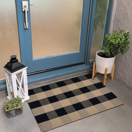 KIMODE Front Door Mat 24"x35",Black and Tan Checkered Small Outdoor Rug,Farmhouse Fall Front Porch Rug Decor,Cotton Woven Washable Layered Doormats for Front Door Outside Entrance Kitchen - color: Black/Brown, size: 2' x 3' (Rectangular)