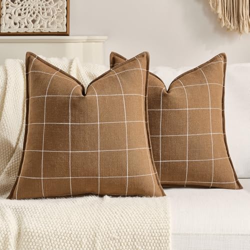 Farmhouse Dark Brown Plaid Throw Pillow Covers 20x20 Set of 2, Brown Boho Decor 20 x 20 Check Pillow Covers, Modern Farmhouse Tan Plaid Room Decor Cushion Covers for Home Sofa (No Pillow Insert) - color: Brown Plaid Set of 2, size: 20" x 20" (Pack of 2)
