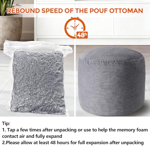 20" x 20" x 15" Pouf Ottoman Foot Rest, Pre-Stuffed Round Foot Stool with Odorless Shredded Memory Foam, Furry & Fluffy Corduroy Footrest for Living Room, Dark Grey - color: Dark Grey, size: 20"D x 20"W x 15"H