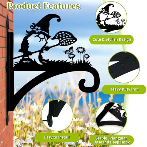 Plant Hangers Outdoor Heavy Duty Iron Decorative Gnome Silhouette Pot Hangers for Plants 11 inch Hanging Plant Bracket Wall Plant Hanger for Bird Feeder Flower Pot Lantern Wind Chimes - color: Gnome & Butterfly