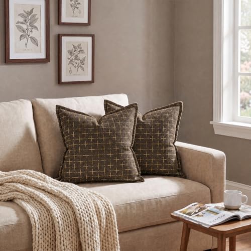 AVOIN colorlife Pack of 2 Decorative Throw Pillow Covers 20x20 Inch, Flange Edges Woven Textured Cushion Case Home Decor for Couch Sofa Bed Living Room Dark Coffee - color: Dark Coffee, size: 20" x 20" (Pack of 2)