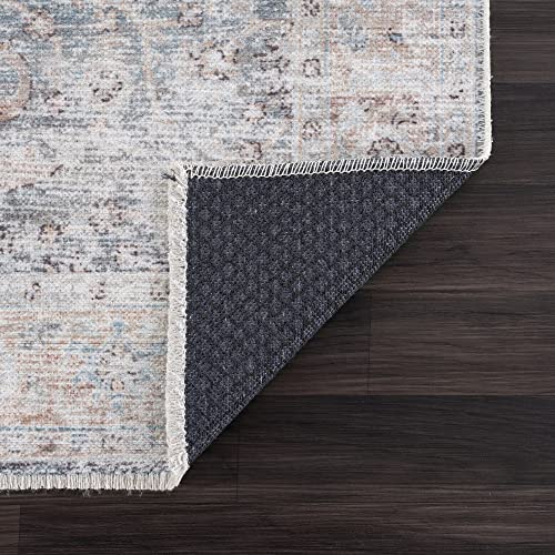 Bloom Rugs Caria Washable Non-Slip 7 ft Runner - Ocean Blue/Brick Traditional Runner for Entryway, Hallway, Bathroom, and Kitchen - Exact Size: 2'6" x 7' - color: Ocean Blue / Brick, size: 2'6" x 7' (Runner)